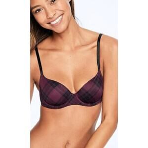 PINK Victoria’s Secret NWT Plum Black Plaid Wear Everywhere Push Up Bra 36C